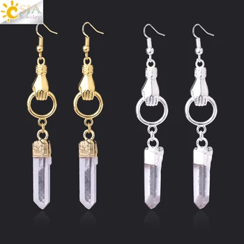 

CSJA Long Drop Earrings for Girl Gold Silver Color Natural White Crystal Quartz Irregular Stone Boho Hand Charm Ear Pendant F858