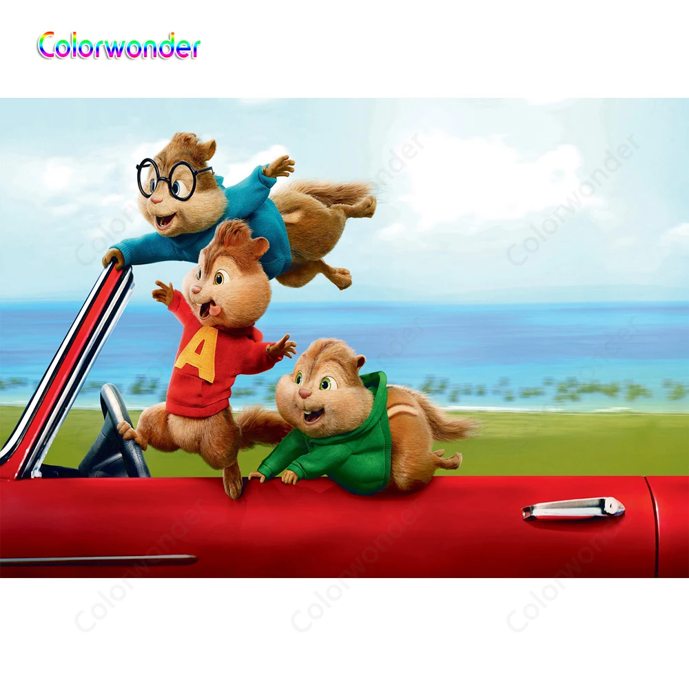 

Colorwonder Movie Photography Background Chipmunks Alvin Sido and Simon Driving Red Car 7x5ft Lakeside Scenery Backdrop for Kids