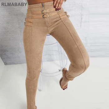 

RLMABABY 2018 Autumn Winter Suede Zipper Pencil Pants PU Leather Buckle High Waist Pants Casual Streetwear Sexy Trousers Women