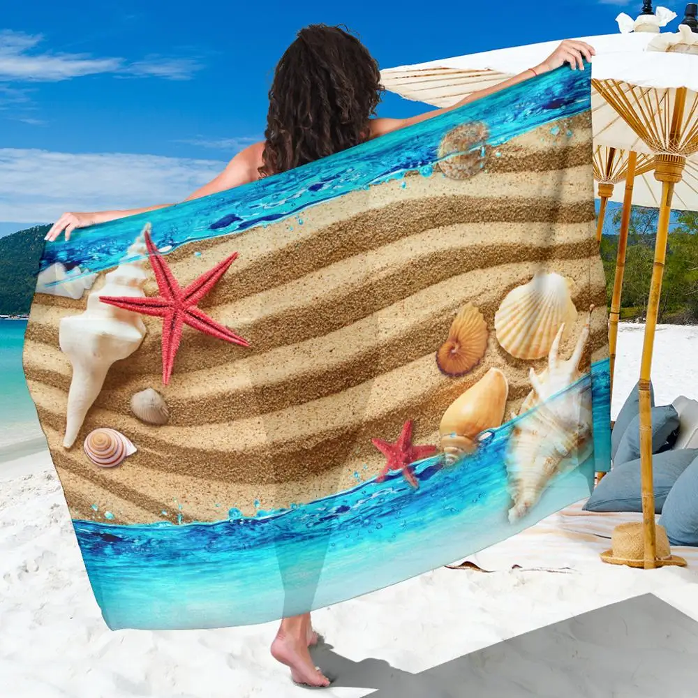 

Elegant Chiffon Fabric Beach Towel Large Beach Sarong Scarf Shawl Clear Seawater Sand Psychedelic Conch Starfish Wall Tapestry