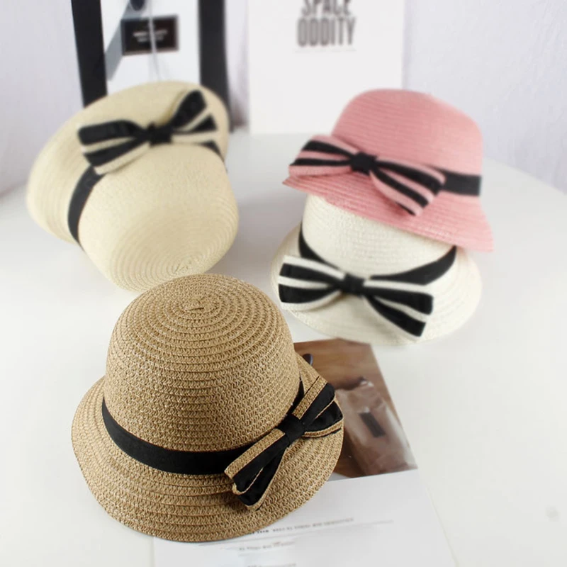 Детские Девочки бант прекрасная соломенная шляпа Лето пляжные кепки для 2-4 лет шапки для детей Весна летние панамки