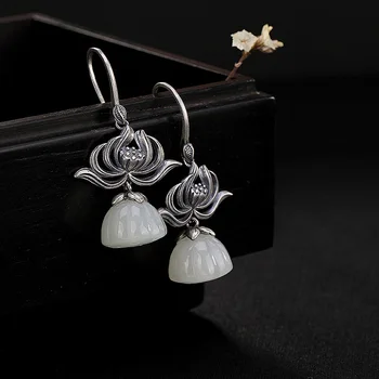 

Real Sterling Silver 925 Earrings Natural Stone Jade Lotus Earrings For Women Fine Jewelry Brincos Para As Mulheres