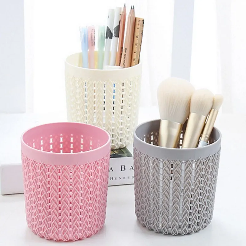 

Junejour Plastic Hollow Rattan Simple Pen Holder Pencil Container Desktop Organizer Round Stationery Storage Box Office Supplies