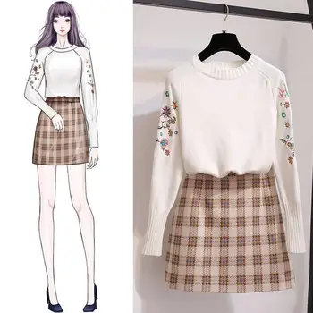 

2019 New Fashion Summer Women's Embroidery O-Neck Long Sleeve Pullovers + High Waist Plaid Mini A-Line Skirt Two Pieces Sets J11