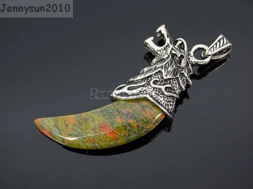 

Natural Unakite Gems stones Claw Paw Tibetan Silver Carved Wolf Head Pendant Charm Beads Jewelry Design 10Pcs/Pack