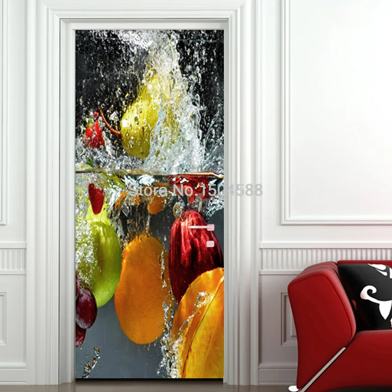 PVC Self-Adhesive Door Sticker 3D Stereo Fruit Wallpaper Kitchen Restaurant Waterproof Wall Door Sticker 3D Murals Home Poster