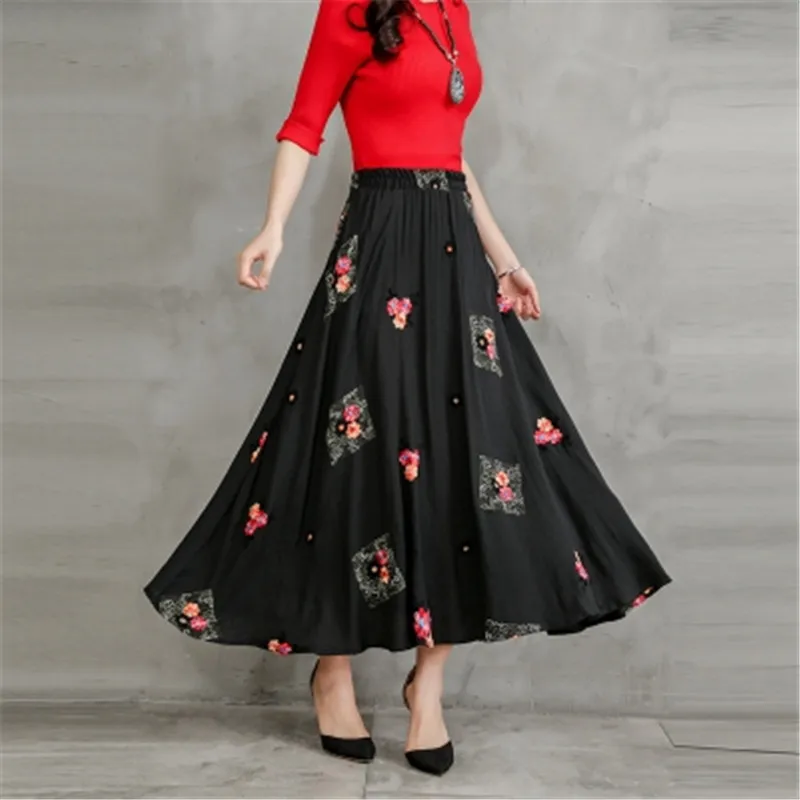 Faldas Mujer новые Инди фолк Harajuku больших размеров 2XL модные юбки женские хлопок лен узор винтажная элегантная Этническая юбка - Цвет: black