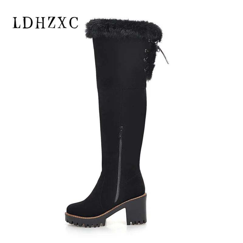 

LDHZXC 2018 new Women Boots Warm Fur Out Door Square Toe Over The Knee Boots Square High Heel Ladies Long Boots big size 11 12