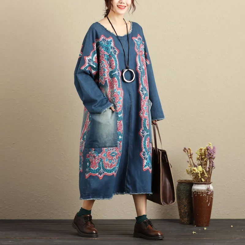 

Oversized Baggy Pullovers Dress Ladies Plus Size Bat Sleeve Knitted cowboy Dress Bleached Vintage Baggy Denim Long Robe G101201