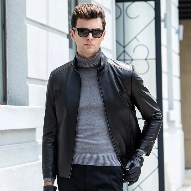 2019 spring new designer black soft sheepskin matte genuine leather stand collar coat business man clothes male outer garment