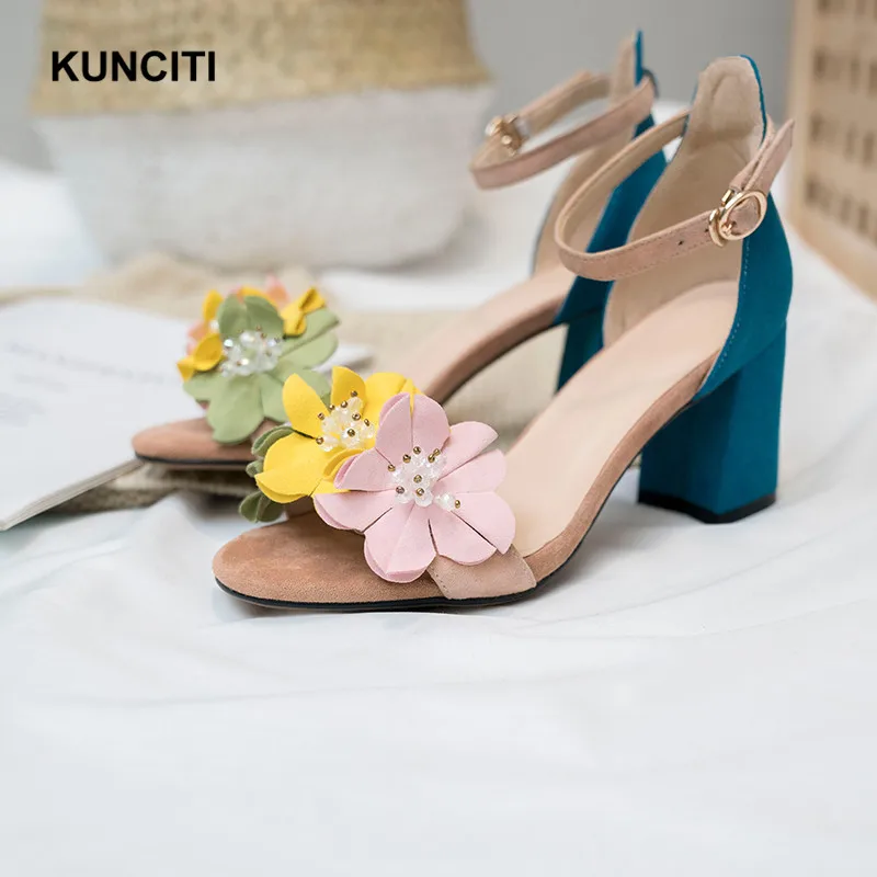 

2019 High Heel Ladies Sexy Sandals Chunky Heel Suede Leather Summer Shoes Ankle Strap Flower Shoes Open Toe Women Sandals X924