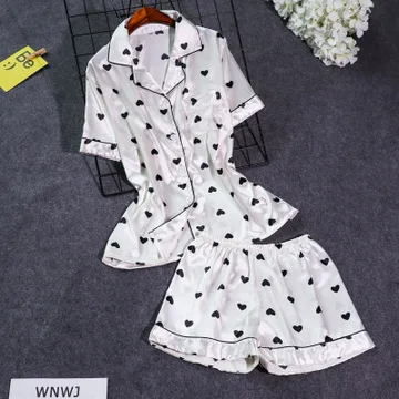 Daeyard, шелковая пижама, набор для женщин, модная пижама с принтом в виде сердца, на пуговицах, короткий рукав, пижамный комплект, повседневная одежда для сна, Сексуальная Домашняя одежда - Цвет: white