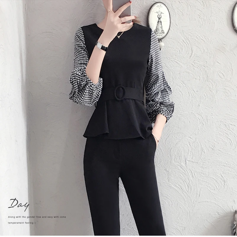 

2019 Spring 2 Piece set Women Autum Elegant Lantern Sleeve Plaid Blouse Pants Tracksuit Two Piece Set Top and Pants Matching set