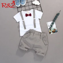 R& Z/Детский костюм г. летний костюм для мальчиков детская хлопковая Футболка с галстуком-бабочкой средней длины фальшивая лямка, шорты в полоску комплект из двух предметов