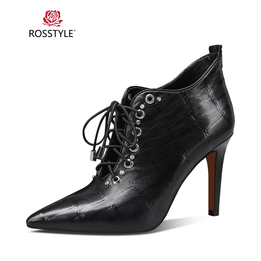 Encaje Tobillo Cuero Arranque Genial Fino Calidad 2018 Bota Moda Tacón Sólida De Invierno B48 Rosstyle Black red Suave Señora Clásico Punta I7z4pq