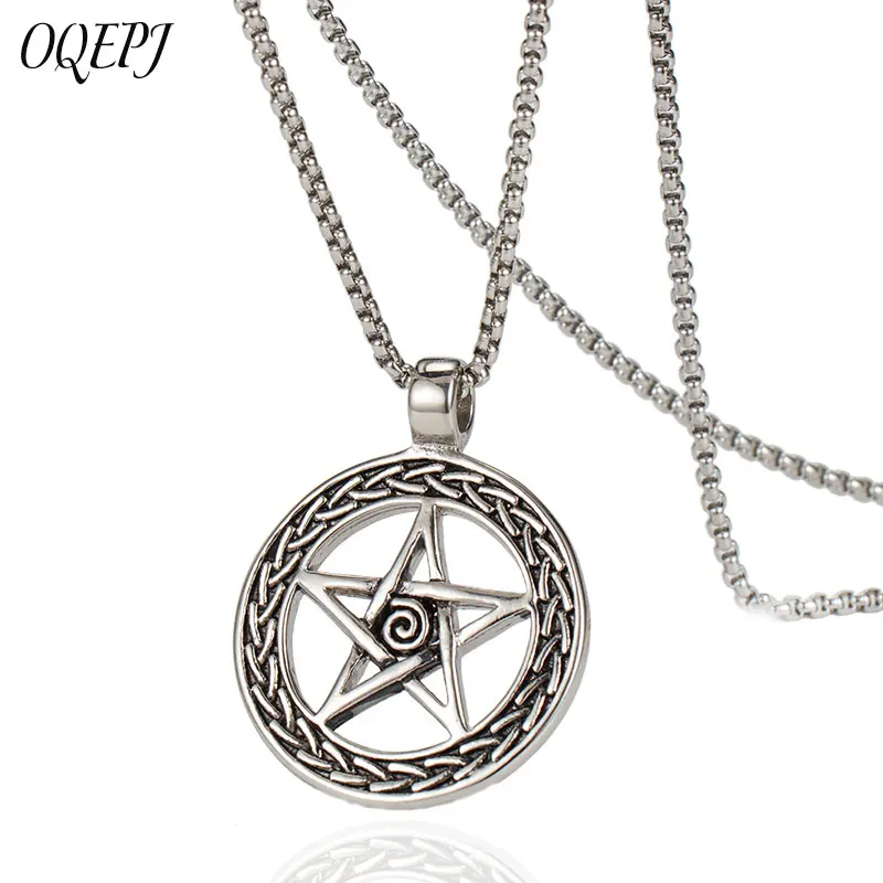 

OQEPJ New Arrival Trendy Unisex Round Pentagram Necklace&Pendant 316L Stainless Steel Silver Color Men Pendant Women Jewelry