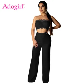 

Adogirl Lace Tube Top Loose Jumpsuit Women Sexy Strapless Cutout Casual Romper Wide Leg Pants Club Party Outfit Fashion Bodysuit