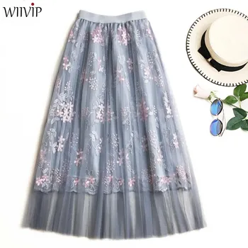 

Woman New Embroidery Mesh Empire Fairy Summer Skirt Female Spring Sweat Elegant Long A-Line Casual Lady Skirt 91241