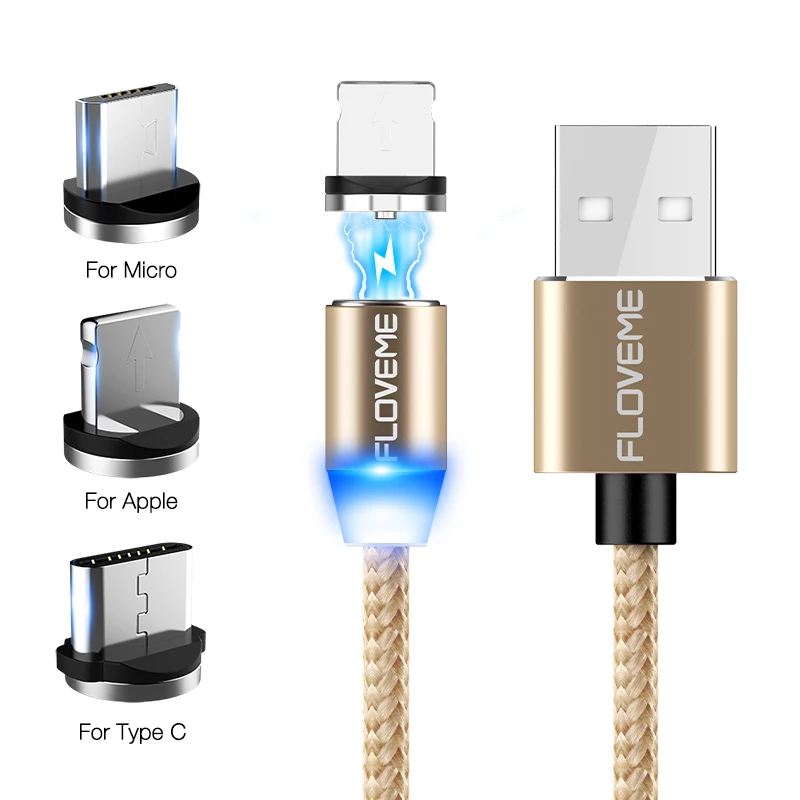 FLOVEME 360 градусов 3 в 1 Магнитный кабель для iPhone X 8 освещение Micro usb type-C светодиодный нейлоновый плетеный провод Магнитный кабель для зарядного устройства C - Цвет: Gold
