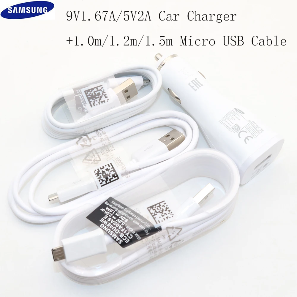 

Original Samsung Car Fast Charger 1.0M /1.2M/1.5M Micro USB Cable Charging 9V1.67A & 5V2A for Note8 9 Galaxy Note 4 5 S6 S7 Edge