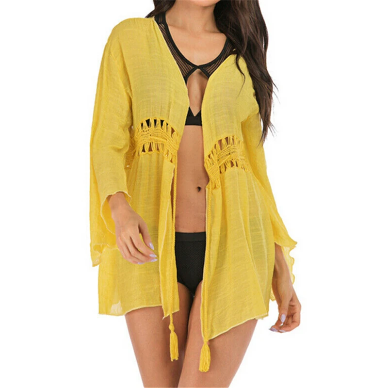 

2019 Beach Cover Up Swimsuit Summer Long Sleeve Beach Dress Clothes Swimwear Womens Clothing Solid Color Bathing Suit Cover Ups