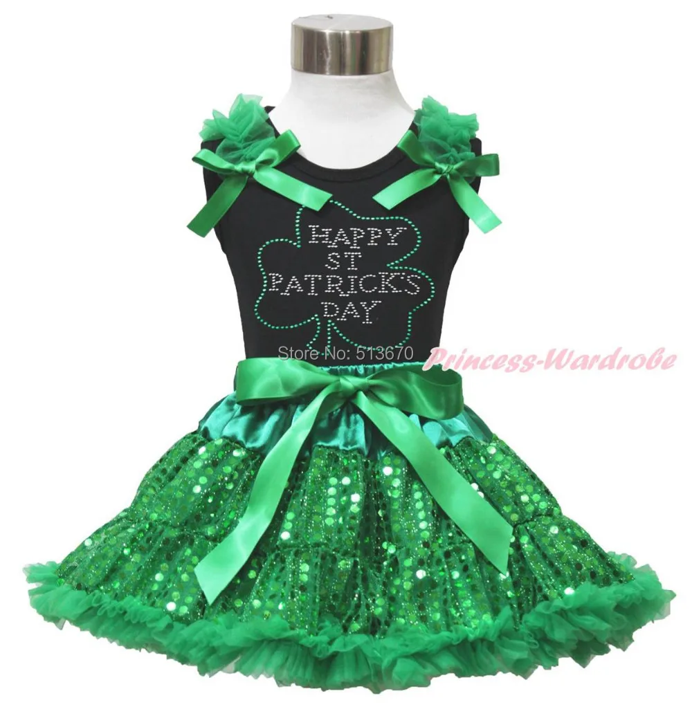 

Rhinestone Happy St Patrick's Day Black Top Shirt Bling Green Sequins Skirt 1-8Y MAPSA0438