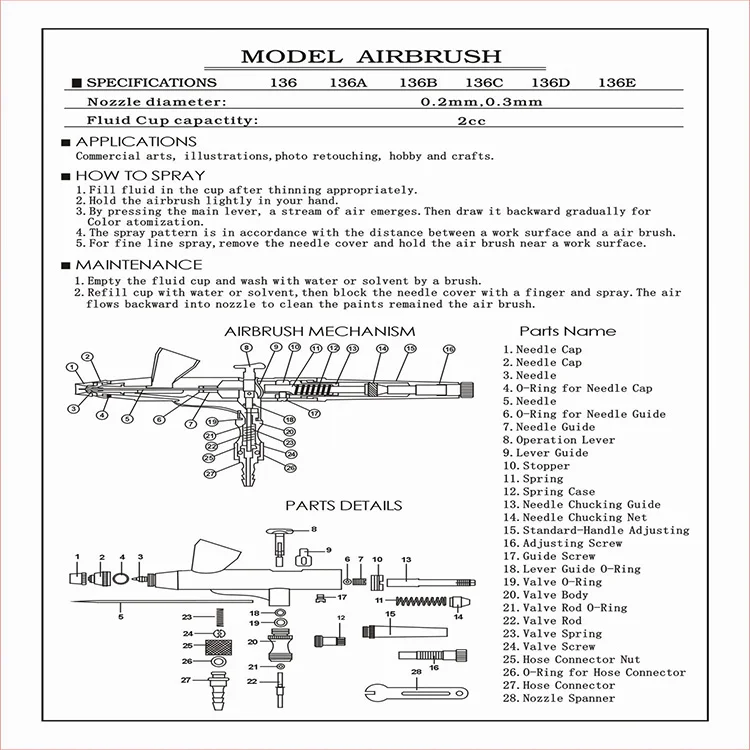 Аэрограф инструмент двойного действия гравитационная подача 0,2 мм сопла спрей Аэрограф для дизайна ногтей краски татуировки инструмент с гаечным ключом соломы