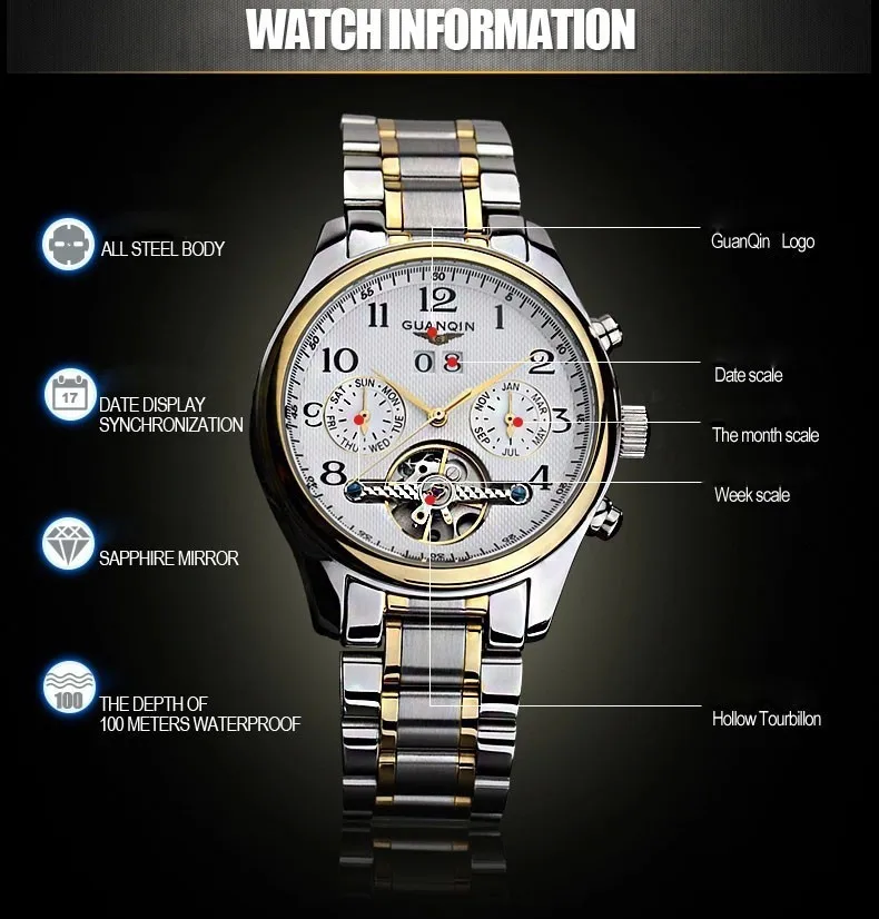 GUANQIN, мужские часы, Лидирующий бренд, Роскошные, автоматические часы, мужские, водонепроницаемые, светящиеся, коммерция, Ретро стиль, механические часы