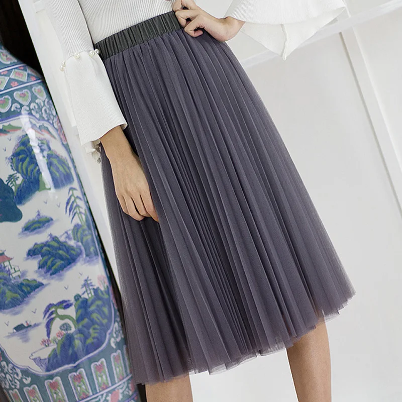 

SETWIGG High Waist Puff 3-Layer Mesh Pleated A-line Midi Skirts Sweet Vintage Elastic Waist Solid Knee Length Tulle Tutu Skirts