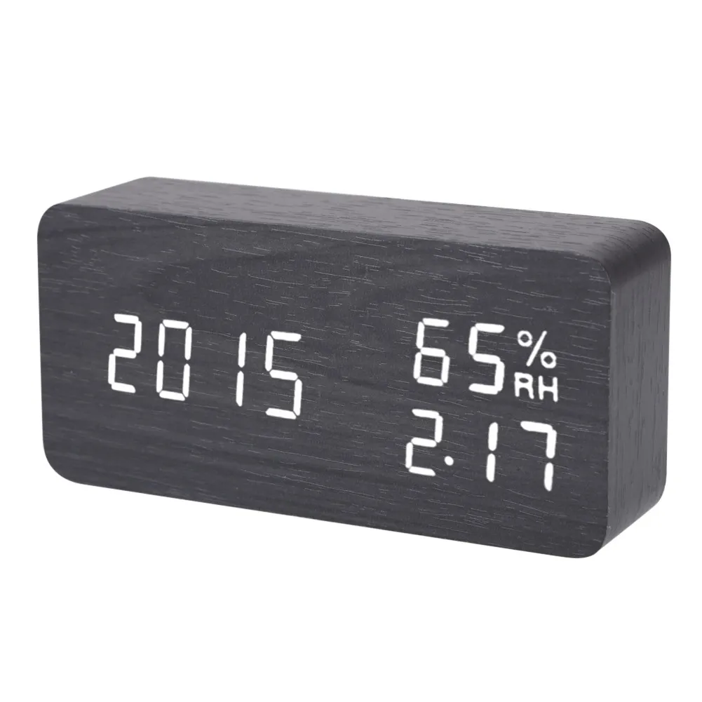 

Digital LED Alarm Clock Sound Voice Control Light Digital LED Time Humidity Display Wooden Alarm Clock Electronic Clocks Desk
