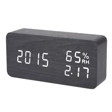 Digital LED Alarm Clock Sound Voice Control Light Digital LED Time Humidity Display Wooden Alarm Clock Electronic Clocks Desk