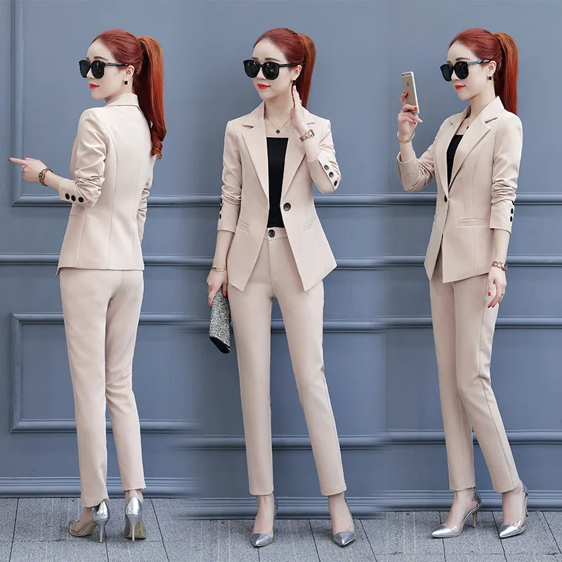 Женские весенне-осенние элегантные офисные женские деловые костюмы, женские комплекты из двух предметов, женские куртки с длинными рукавами и брючные костюмы