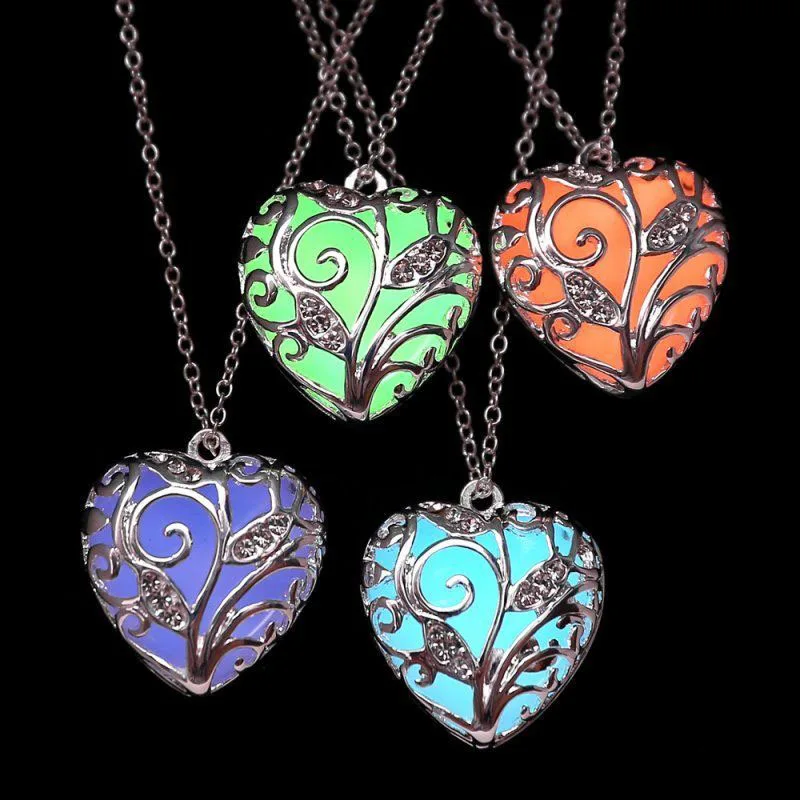 Turquoise Glow In the Dark Heart Necklace Silver Hollow Pendant Christmas Best Friend Gift