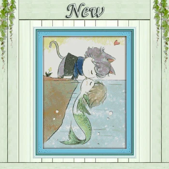 

The love of fish and cat decor painting diy Counted Printed on canvas DMC 11CT 14CT Cross Stitch kits Needlework Sets embroidery
