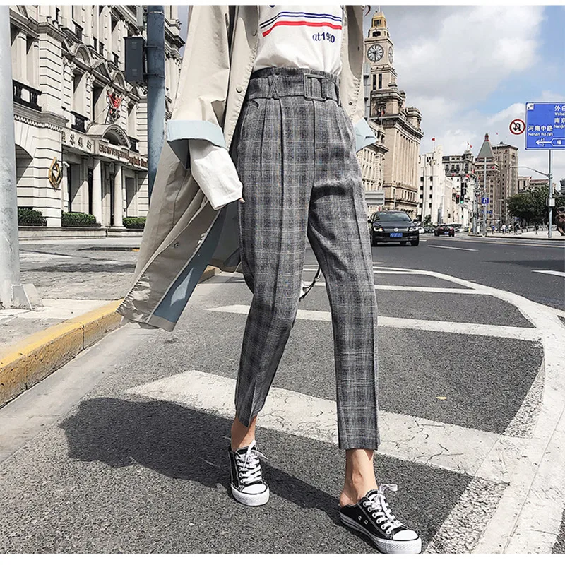JUJULAND Для женщин брюки Проверено штаны шаровары в офисном стиле High waist ankle длина