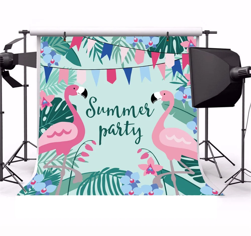 Laeacco Baby Party Cartoon Flamingos Flowers Monstera Birthday Photography Backgrounds Customized Backdrops For Photo Studio