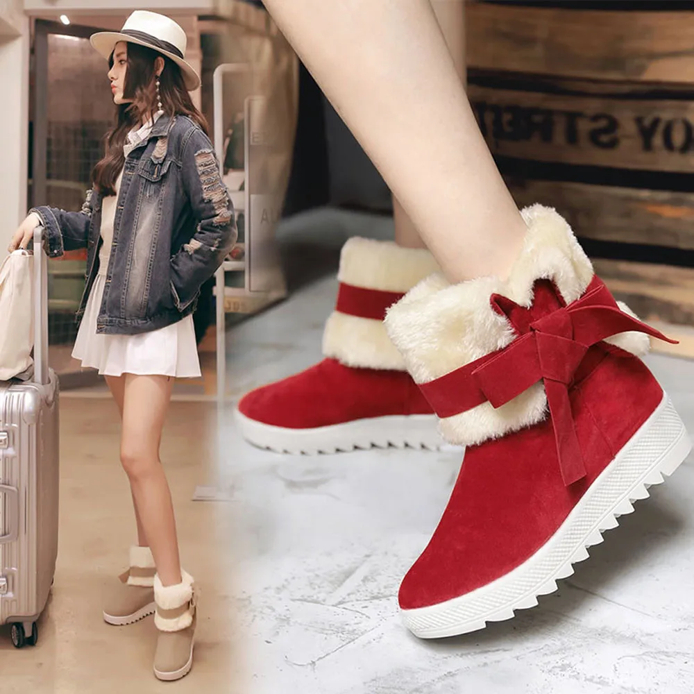 

2018 woman fashion Flock ankle boots Bowknot revers snow boots winter boots