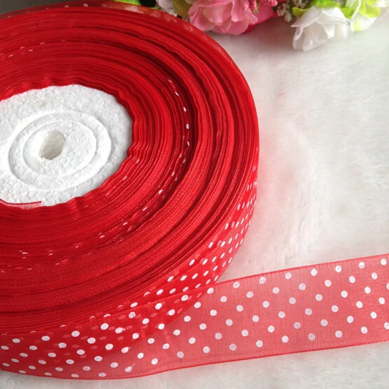 

20yards 1" red color organza ribbon print dots gift packing belt wedding Christmas decoration sewing accessories crafts A692