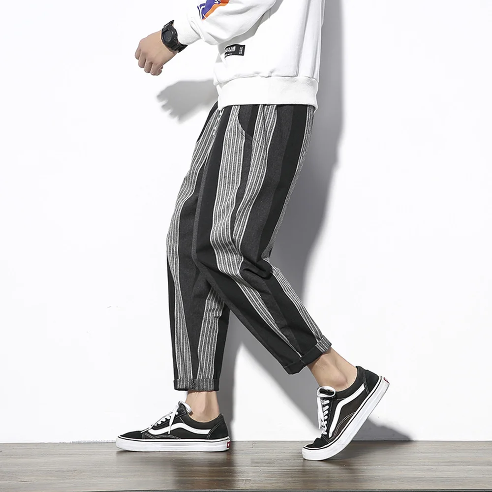 Men Pants Striped Trousers Ankle Length Pants Loose Mid Waist For Man Chinese style Clothes Cuff folded Large Size M-5XL