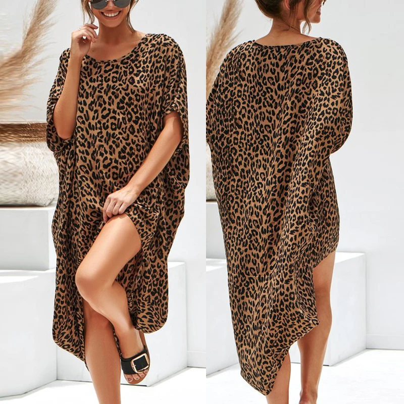 

Women Dress Summer Sundress Beach Irregular Stylish Round Neck Leopard Print Cocktail Plus Size Batwing Sleeve