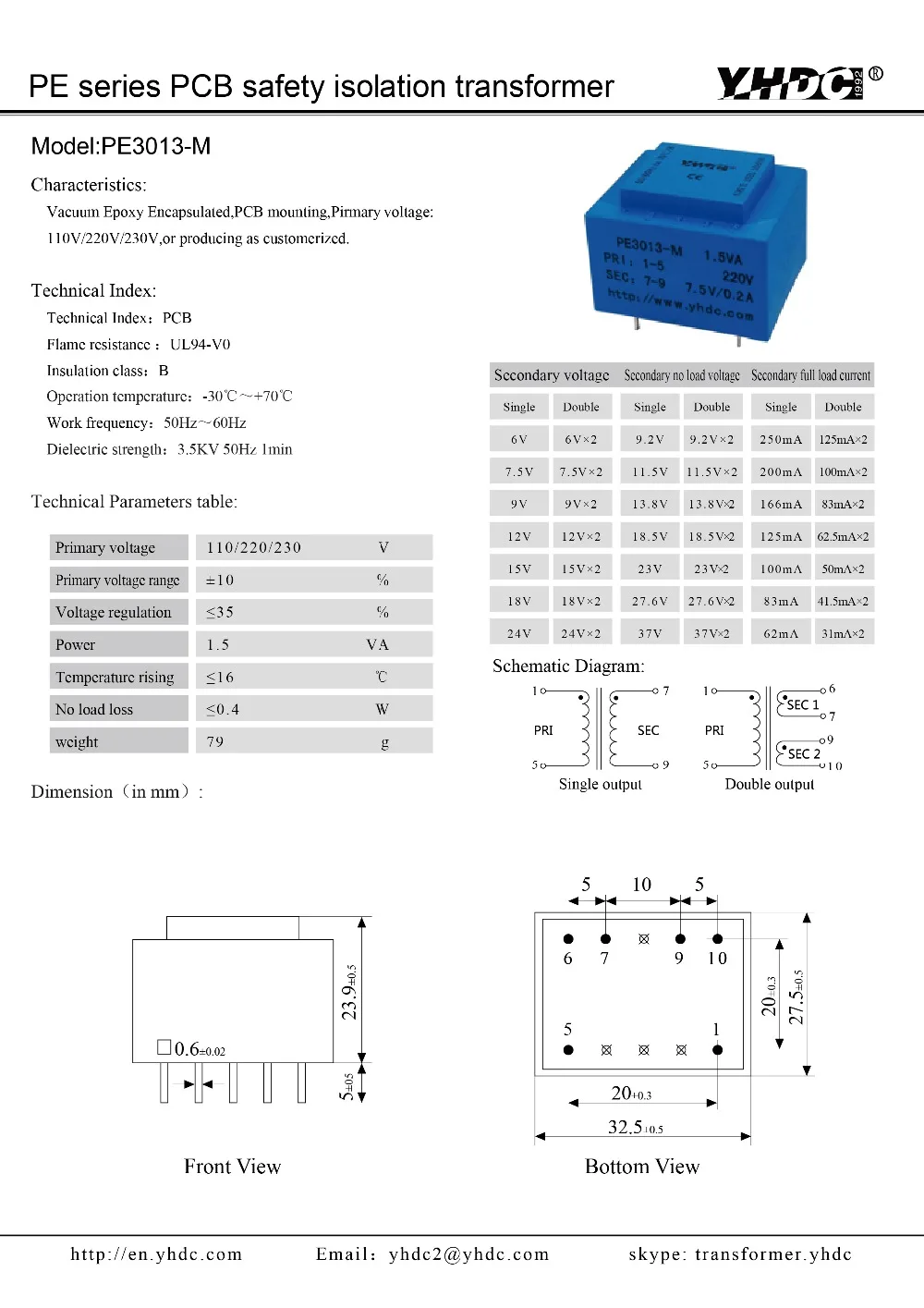 YHDC PE3013-M 1.5VA 220 В 7,5 В/0.2A для монтажа на печатной плате Encapsulated трансформатор