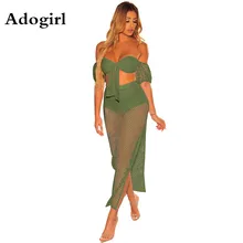 Fishing net Hollow Out Mesh Summer 2 Piece Set Woman Strapless Short Lantern Sleeve Crop Top +High Slit Maxi Skirt Suits crop top with front slit cut out skirt