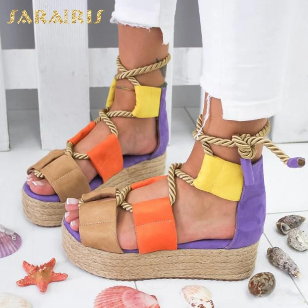 

Sarairis INS Hot Ankle-wrap Colorful Flat Platform Summer Casual Women Shoes Woman Sandals Leisure Gladiator Sandals