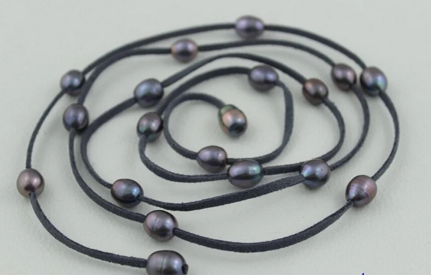 

free shipping 003276 Dark Gray Leather long necklace Black Freshwater pearl 48INCH 10x12mm