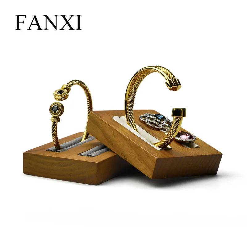 

FANXI Solid Wood Ring Bangle Display Stand Jewelry Holder with Beige /Dark Grey Microfiber 2 Rows Jewelry Organizer Showcase