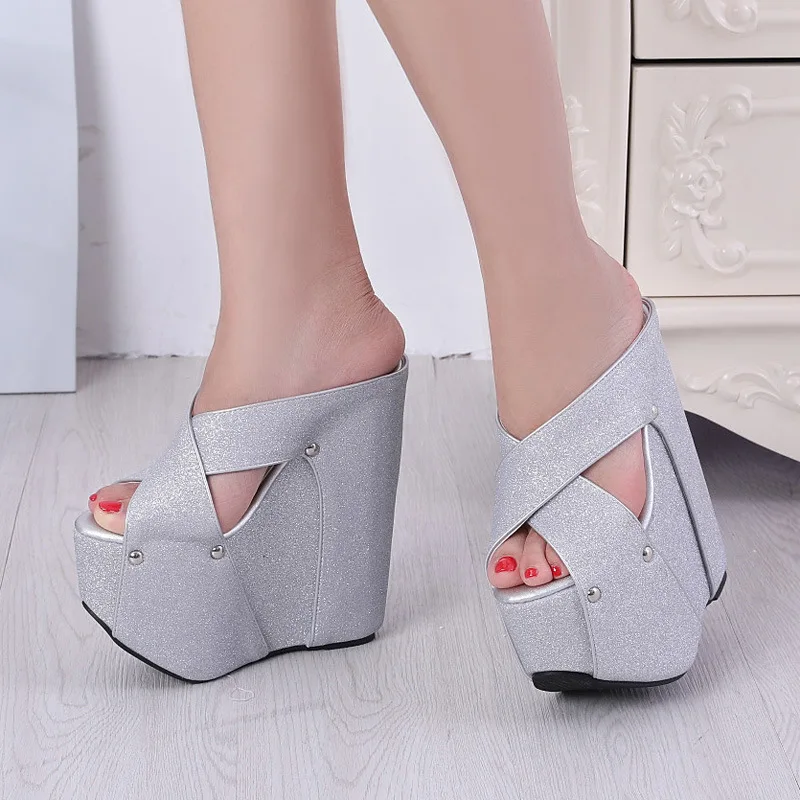 

LEOPARD LAND 2019 Sexy Nightclub Shoes Sexy Sequins Cross Sandal High-heeled Sandals 18CM High-heeled Slippers Wedges ZYW-998-47