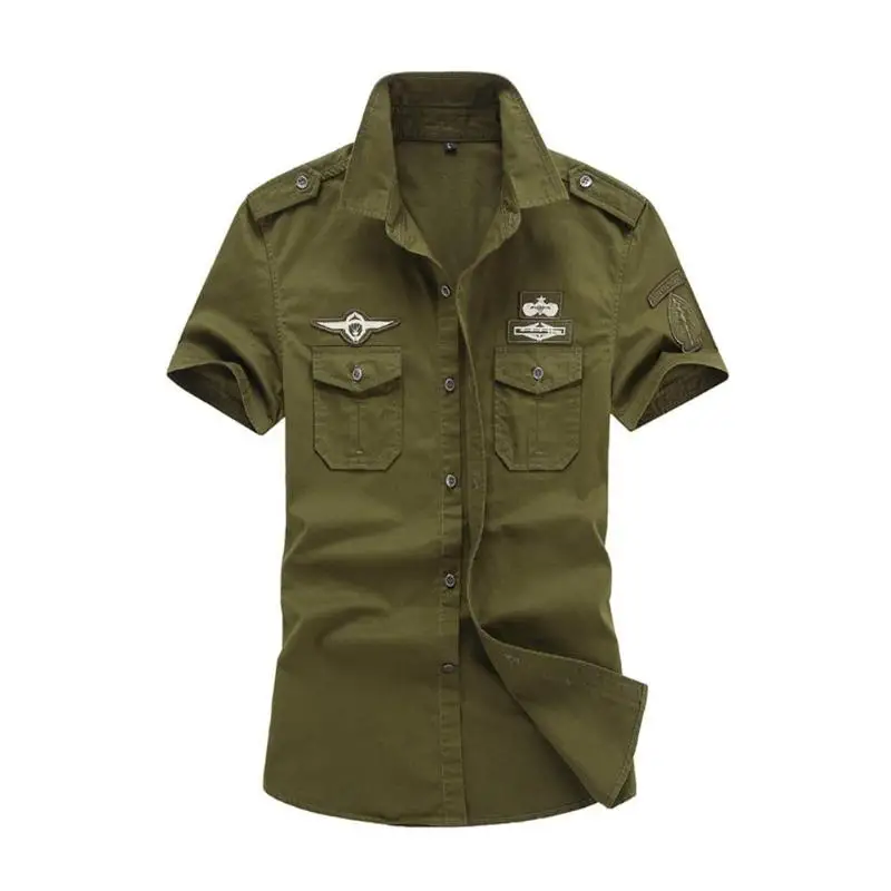 Летняя мужская рубашка в стиле милитари с короткими рукавами и карманом,, крутые пуговицы, хлопок, плюс размер, однотонная Свободная рубашка-карго Camisa Masculina - Цвет: Армейский зеленый