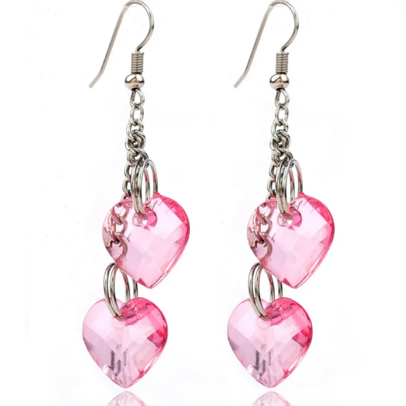 

2017 New Brand Women Fashion Handmade Jewelry Silver Plated Big Double Heart Shaped Pink Quartz Crystal Drop Earrings