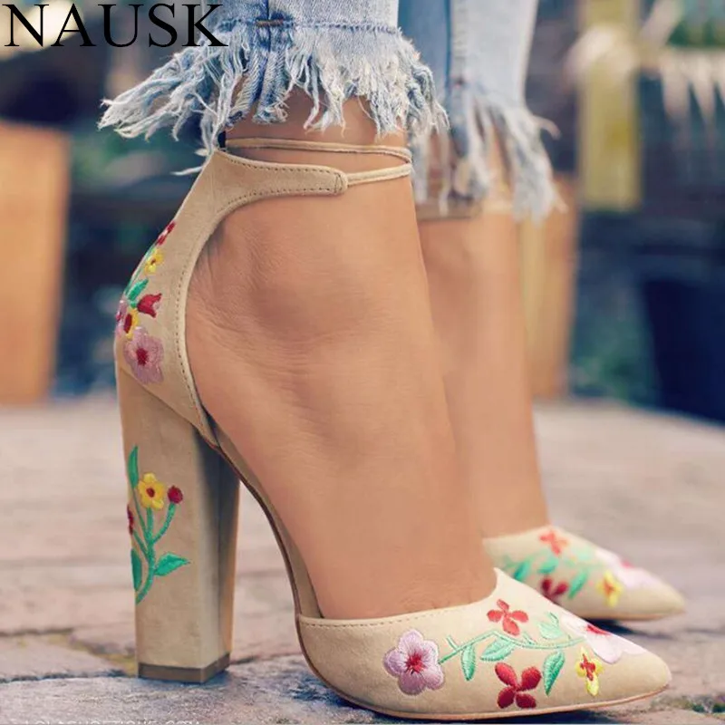

NAUSK Fashion 2018 Suede Shoes Woman Sandal Embroider High Heel Women Sandals Ethnic Flower Floral Party Sandalias Zapatos Mujer
