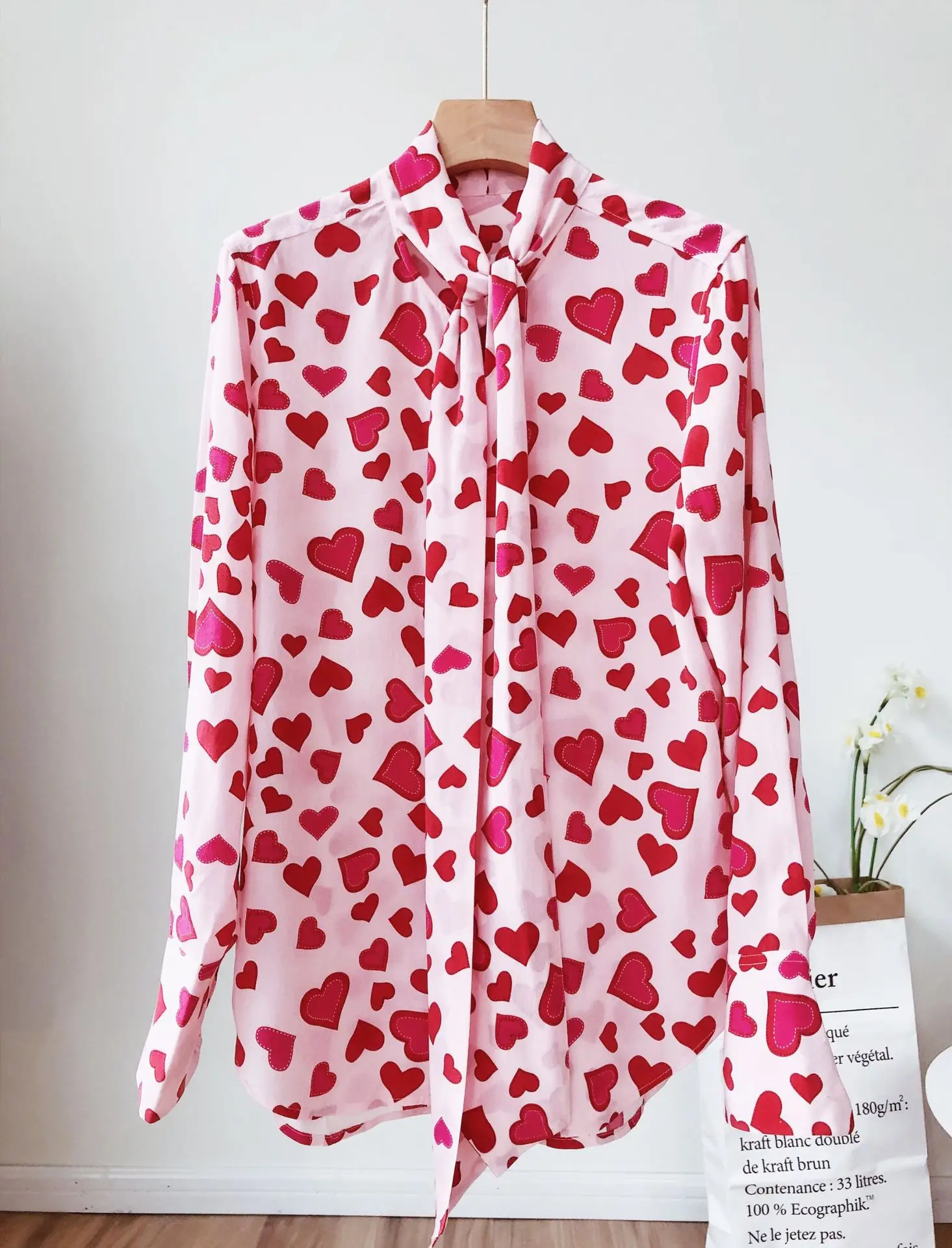 

19 New Fresh Sweet Love Print Ribbon Strap Sand Wash 100% Silk Shirt Top